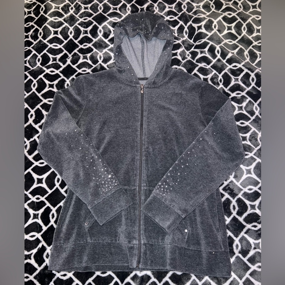 Y2K Gray Zip-Up Hoodie with Studded Sleeves and Hood